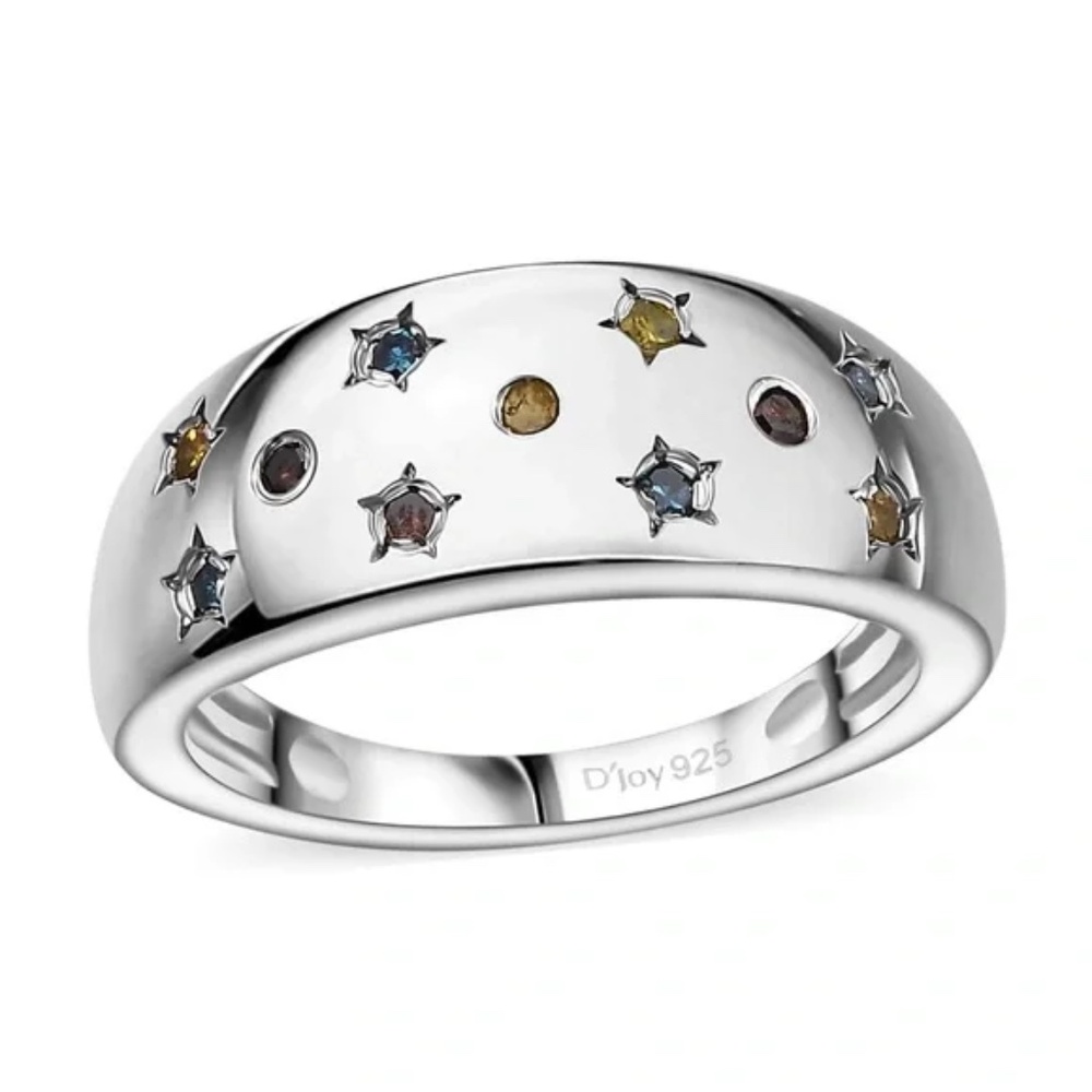 Genuine Blue, Yellow, and Red Diamonds Celestial Sterling Silver Ring NIB Size 7